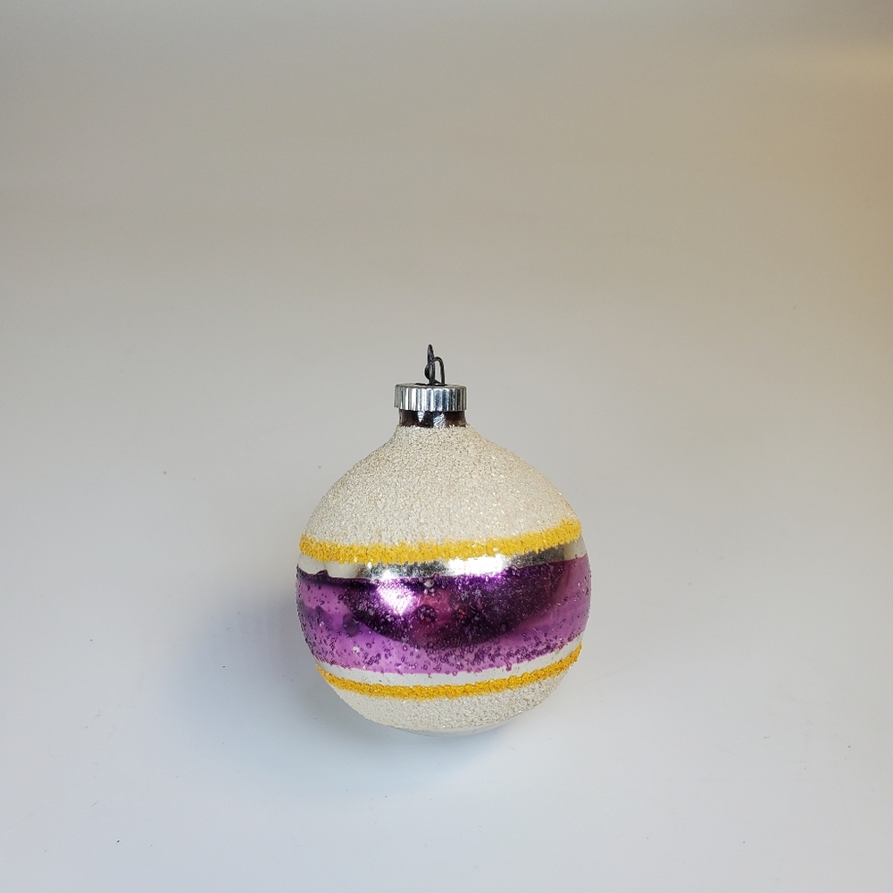 Vintage Mica SHINY BRITE Christmas Ornament PURPLE White & Yellow Stripes 2.5"